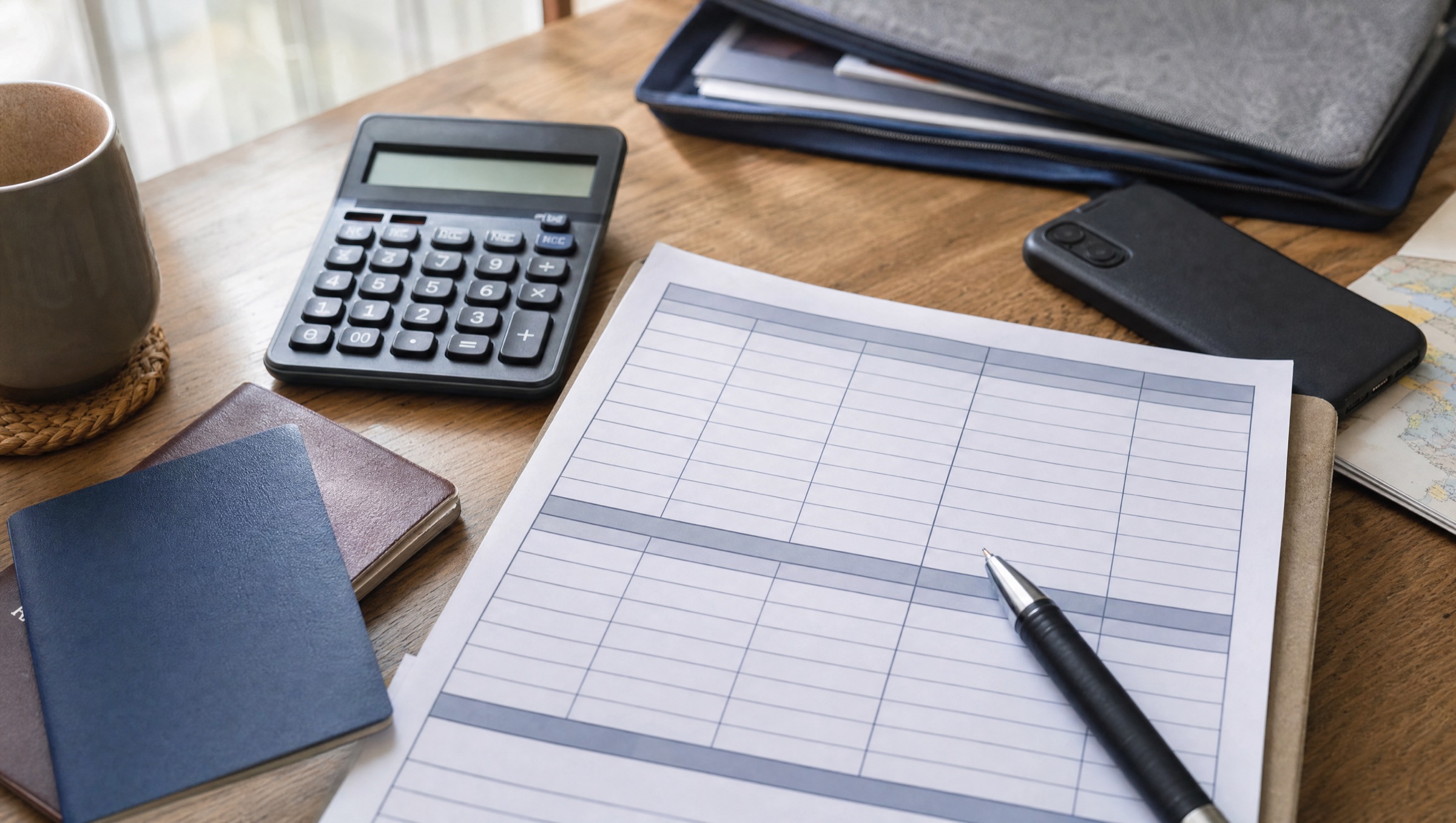 A blank cost worksheet, a desk calculator, a notebook, and a pen on a wooden surface.