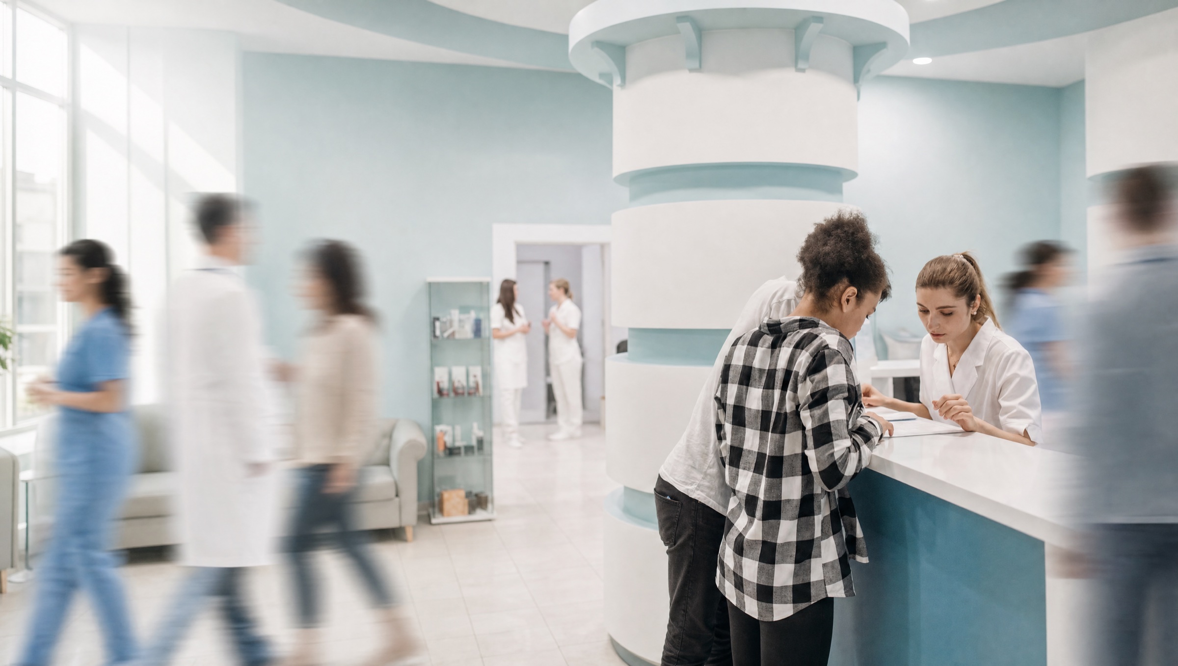 A doctor in a white coat speaking with a patient in a relaxed consultation setting.